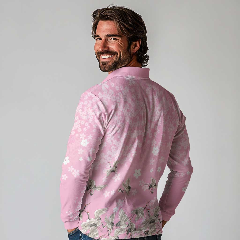 Cranes Sakura Floral Pink Pastel Long Sleeve Polo Shirt Hawaii Japan Culture - Polynesian Pride