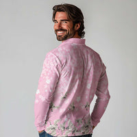 Cranes Sakura Floral Pink Pastel Long Sleeve Polo Shirt Hawaii Japan Culture - Polynesian Pride