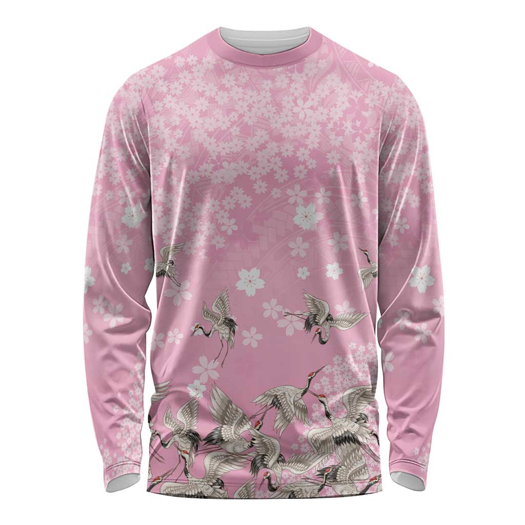 Cranes Sakura Floral Pink Pastel Long Sleeve Shirt Hawaii Japan Culture - Polynesian Pride