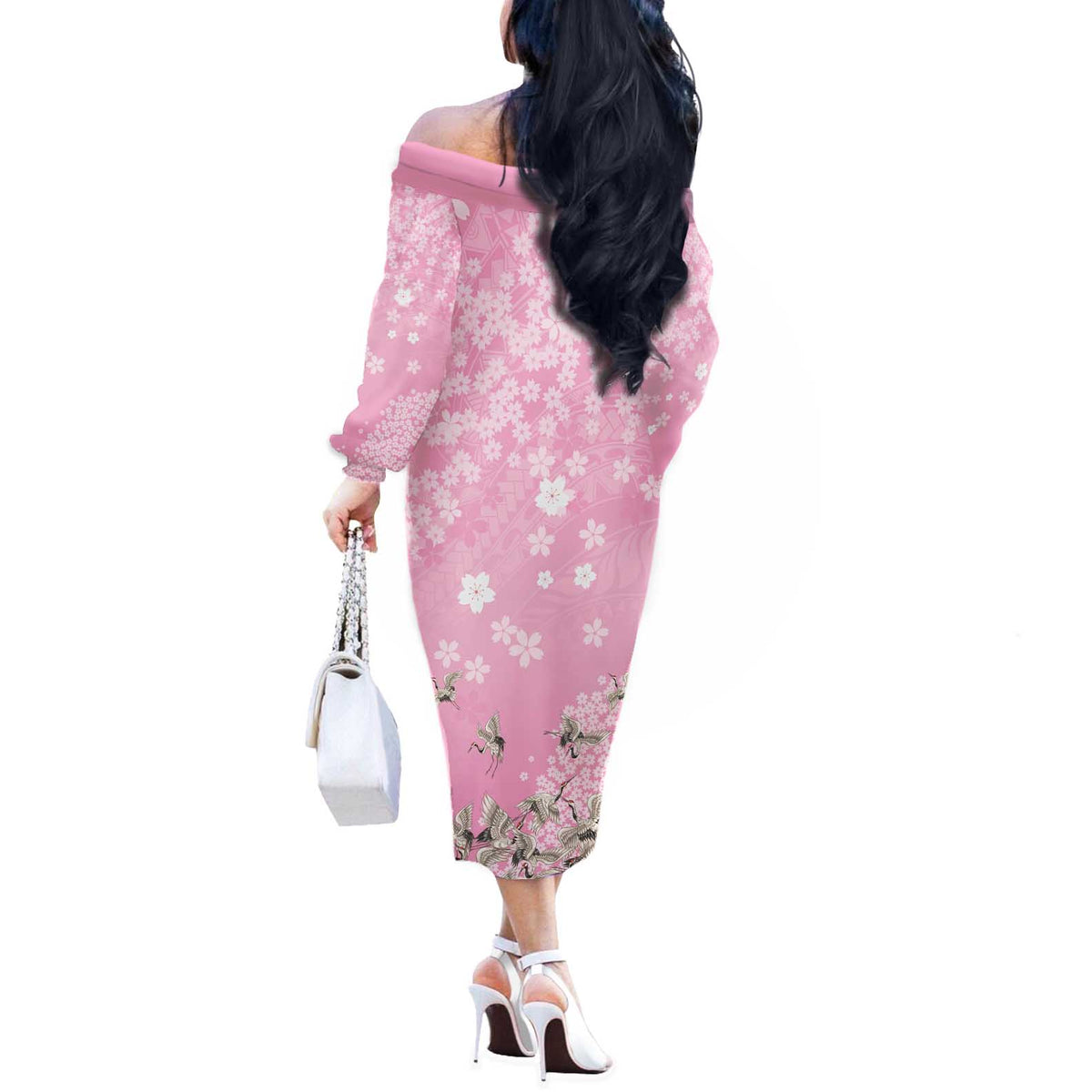 Cranes Sakura Floral Pink Pastel Off The Shoulder Long Sleeve Dress Hawaii Japan Culture - Polynesian Pride