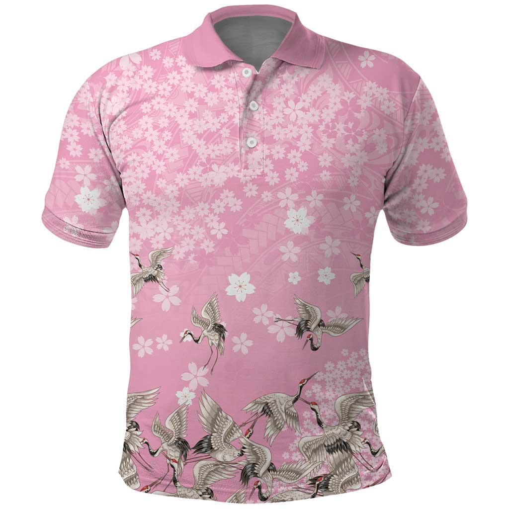 Cranes Sakura Floral Pink Pastel Polo Shirt Hawaii Japan Culture - Polynesian Pride