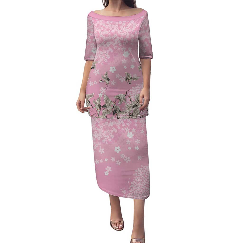 Cranes Sakura Floral Pink Pastel Puletasi Hawaii Japan Culture LT01 Long Dress Pink - Polynesian Pride