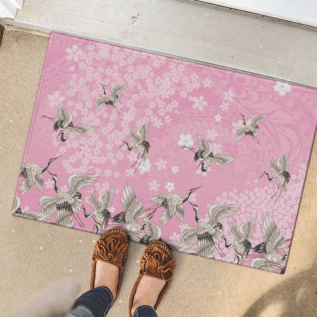 Cranes Sakura Floral Pink Pastel Rubber Doormat Hawaii Japan Culture - Polynesian Pride
