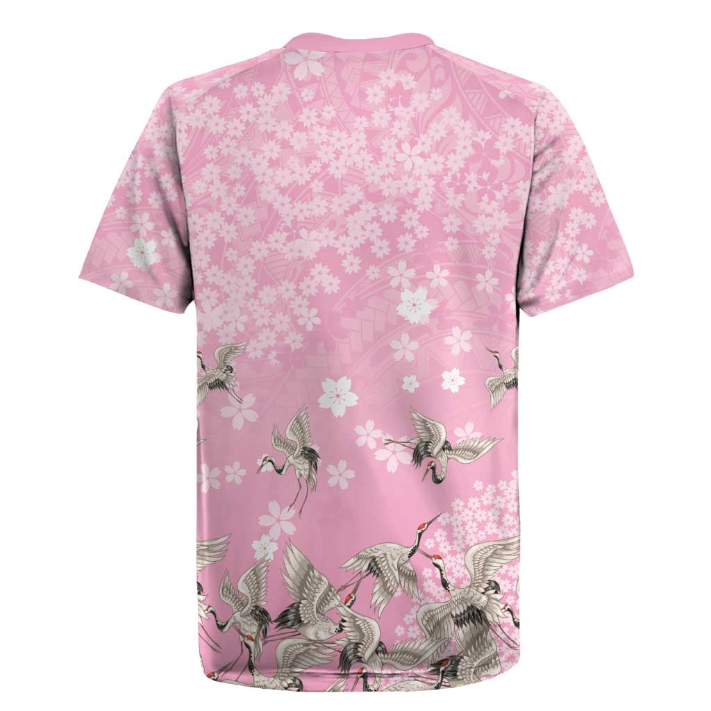 Cranes Sakura Floral Pink Pastel Rugby Jersey Hawaii Japan Culture - Polynesian Pride
