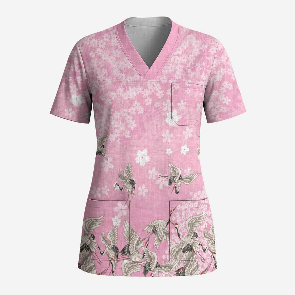 Cranes Sakura Floral Pink Pastel Scrub Top Hawaii Japan Culture LT01 Adult Pink - Polynesian Pride
