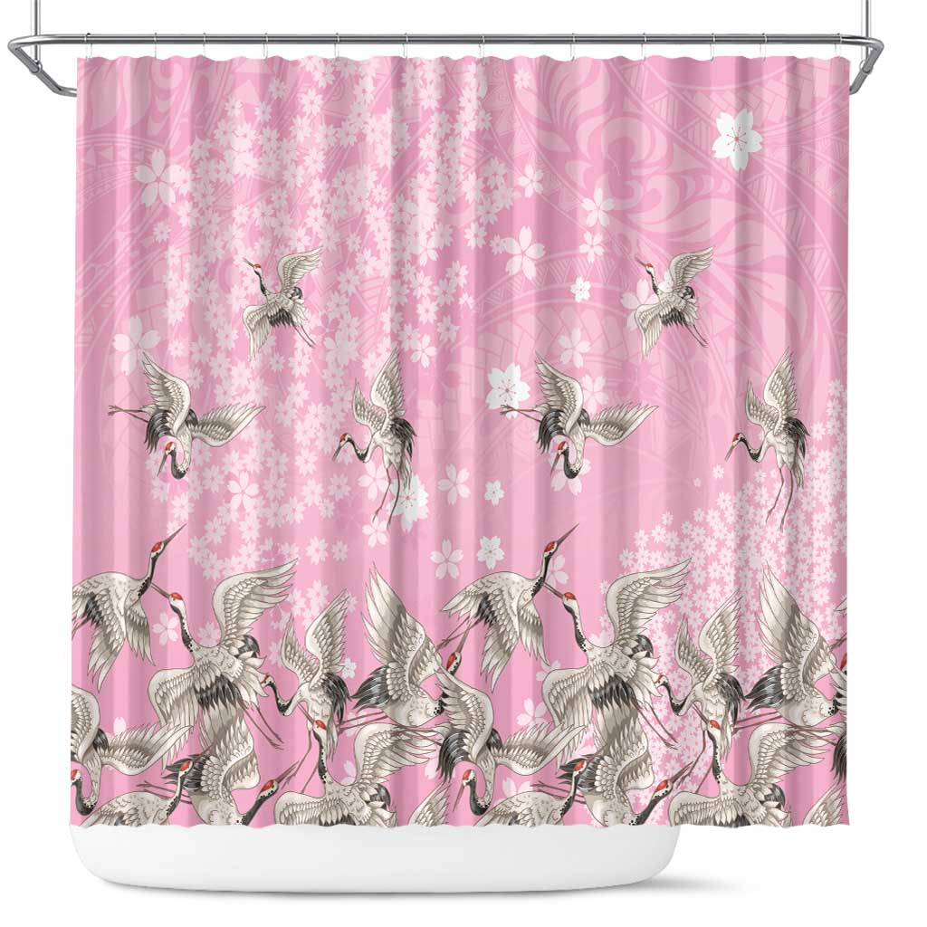 Cranes Sakura Floral Pink Pastel Shower Curtain Hawaii Japan Culture LT01 Pink - Polynesian Pride