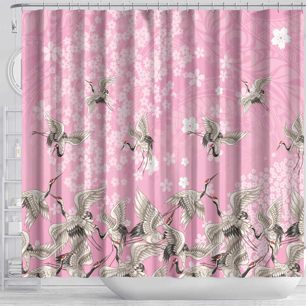 Cranes Sakura Floral Pink Pastel Shower Curtain Hawaii Japan Culture - Polynesian Pride