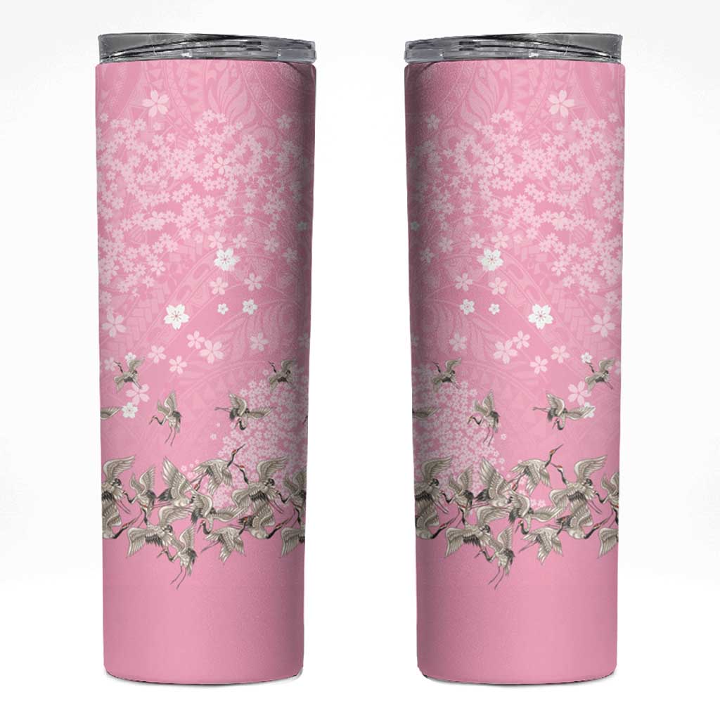 Cranes Sakura Floral Pink Pastel Skinny Tumbler Hawaii Japan Culture - Polynesian Pride