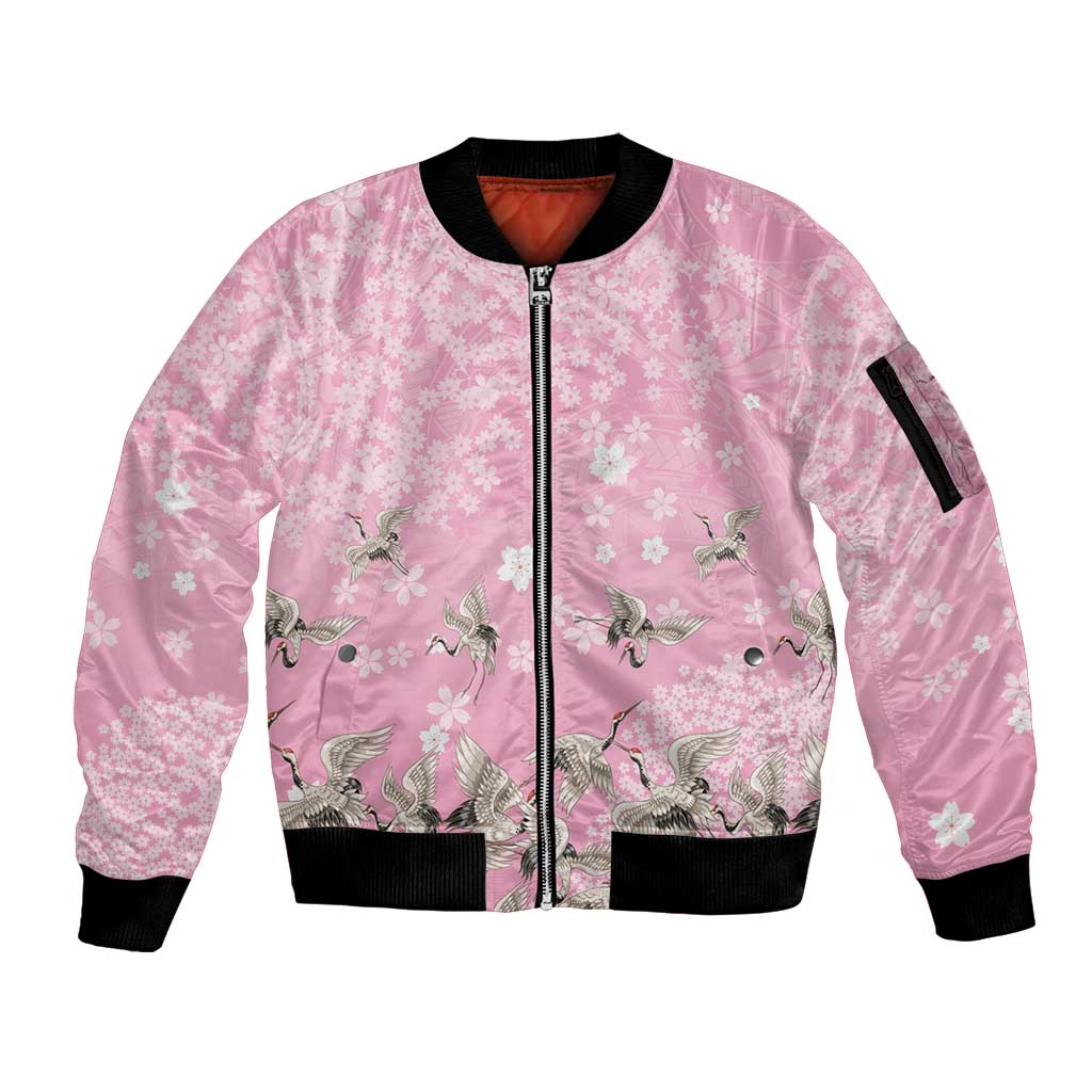 Cranes Sakura Floral Pink Pastel Sleeve Zip Bomber Jacket Hawaii Japan Culture - Polynesian Pride