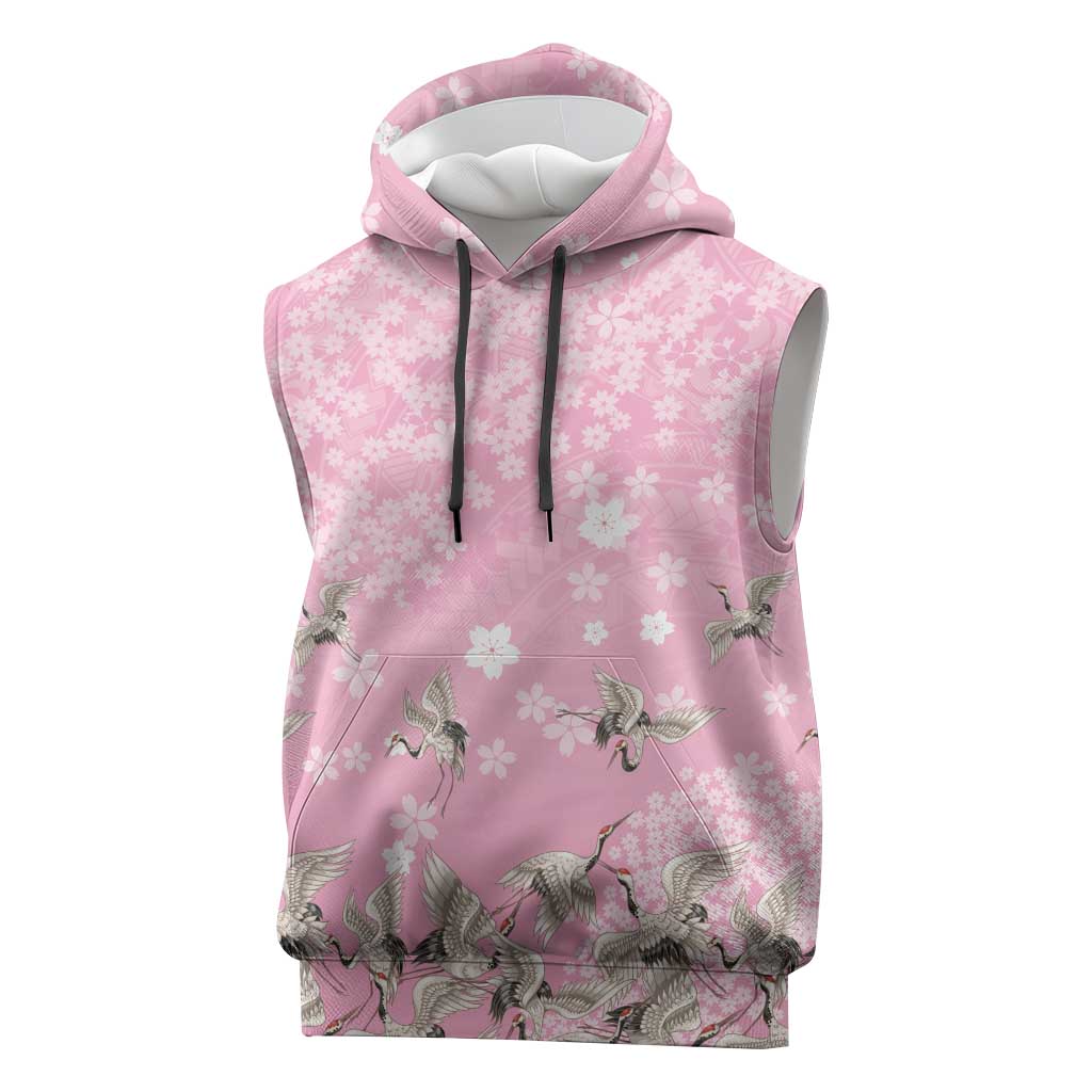 Cranes Sakura Floral Pink Pastel Sleeveless Hoodie Hawaii Japan Culture LT01 Pink - Polynesian Pride