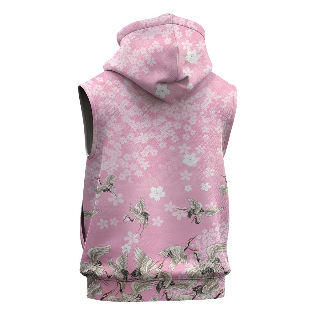 Cranes Sakura Floral Pink Pastel Sleeveless Hoodie Hawaii Japan Culture - Polynesian Pride