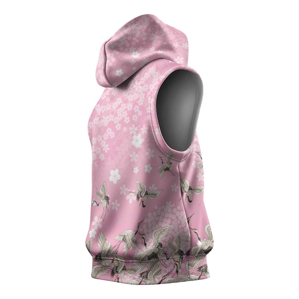 Cranes Sakura Floral Pink Pastel Sleeveless Hoodie Hawaii Japan Culture - Polynesian Pride