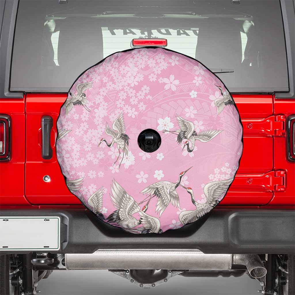 Cranes Sakura Floral Pink Pastel Spare Tire Cover Hawaii Japan Culture - Polynesian Pride