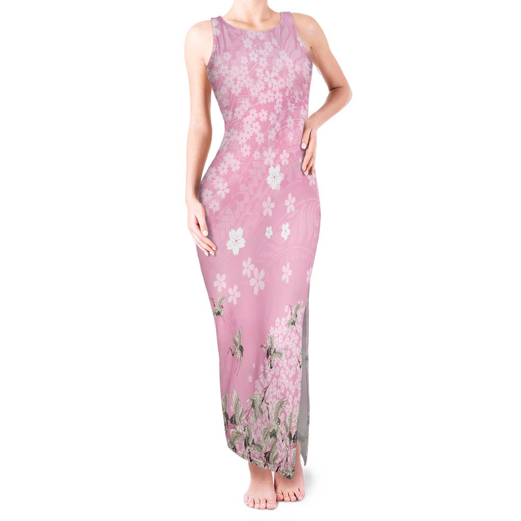 Cranes Sakura Floral Pink Pastel Tank Maxi Dress Hawaii Japan Culture - Polynesian Pride