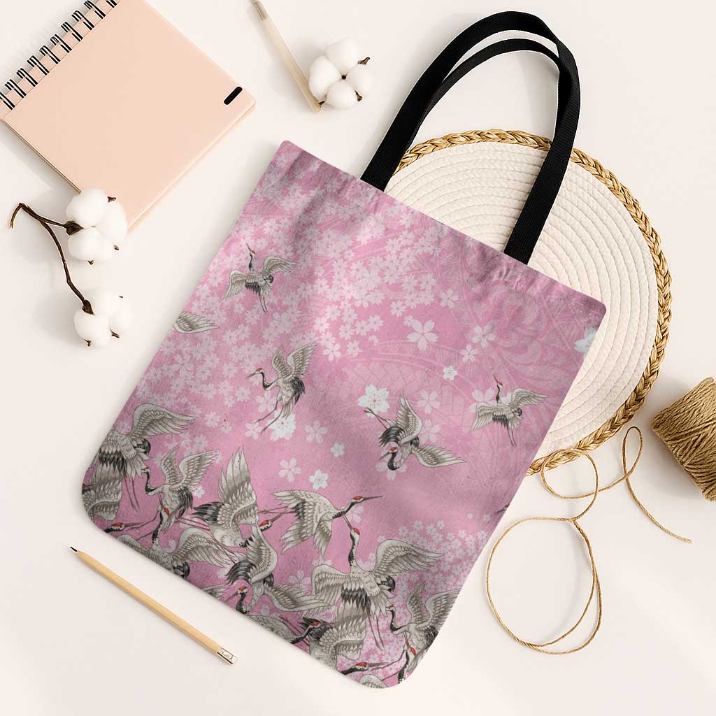 Cranes Sakura Floral Pink Pastel Tote Bag Hawaii Japan Culture LT01 Black Strap One Size Pink - Polynesian Pride