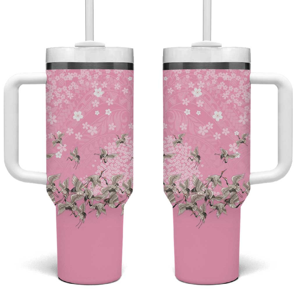 Cranes Sakura Floral Pink Pastel Tumbler With Handle Hawaii Japan Culture - Polynesian Pride