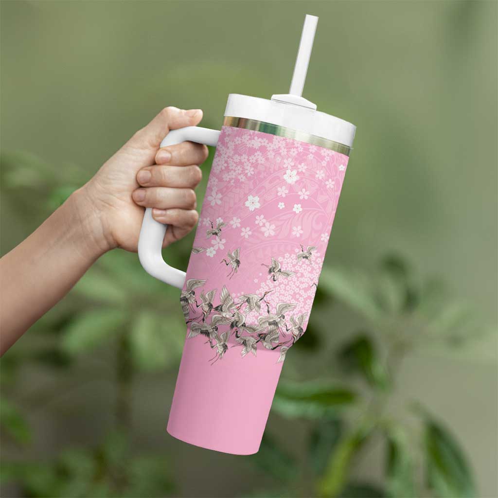 Cranes Sakura Floral Pink Pastel Tumbler With Handle Hawaii Japan Culture - Polynesian Pride