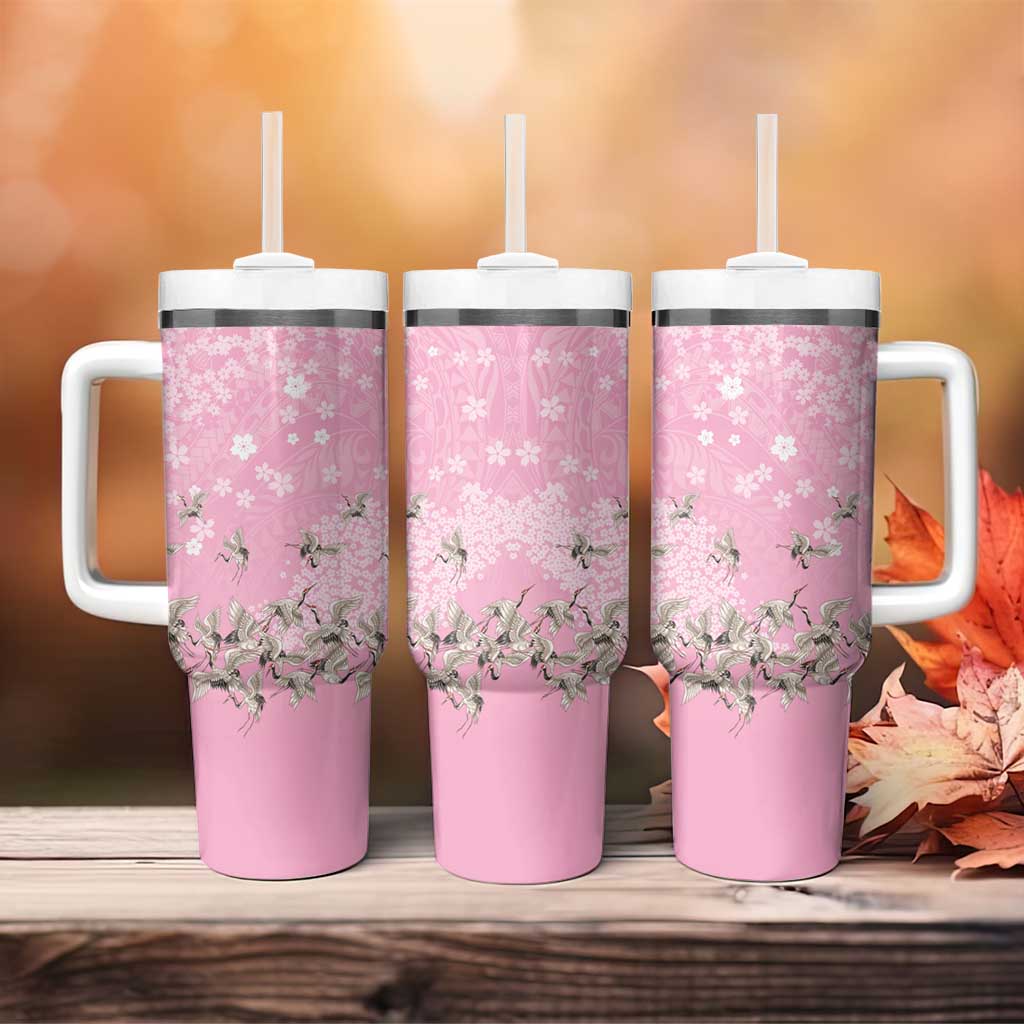 Cranes Sakura Floral Pink Pastel Tumbler With Handle Hawaii Japan Culture - Polynesian Pride
