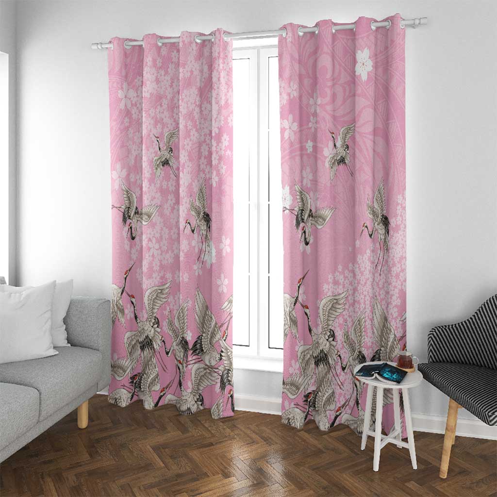 Cranes Sakura Floral Pink Pastel Window Curtain Hawaii Japan Culture - Polynesian Pride
