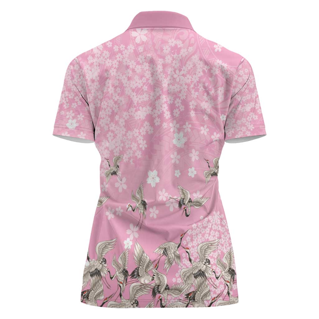 Cranes Sakura Floral Pink Pastel Women Polo Shirt Hawaii Japan Culture - Polynesian Pride