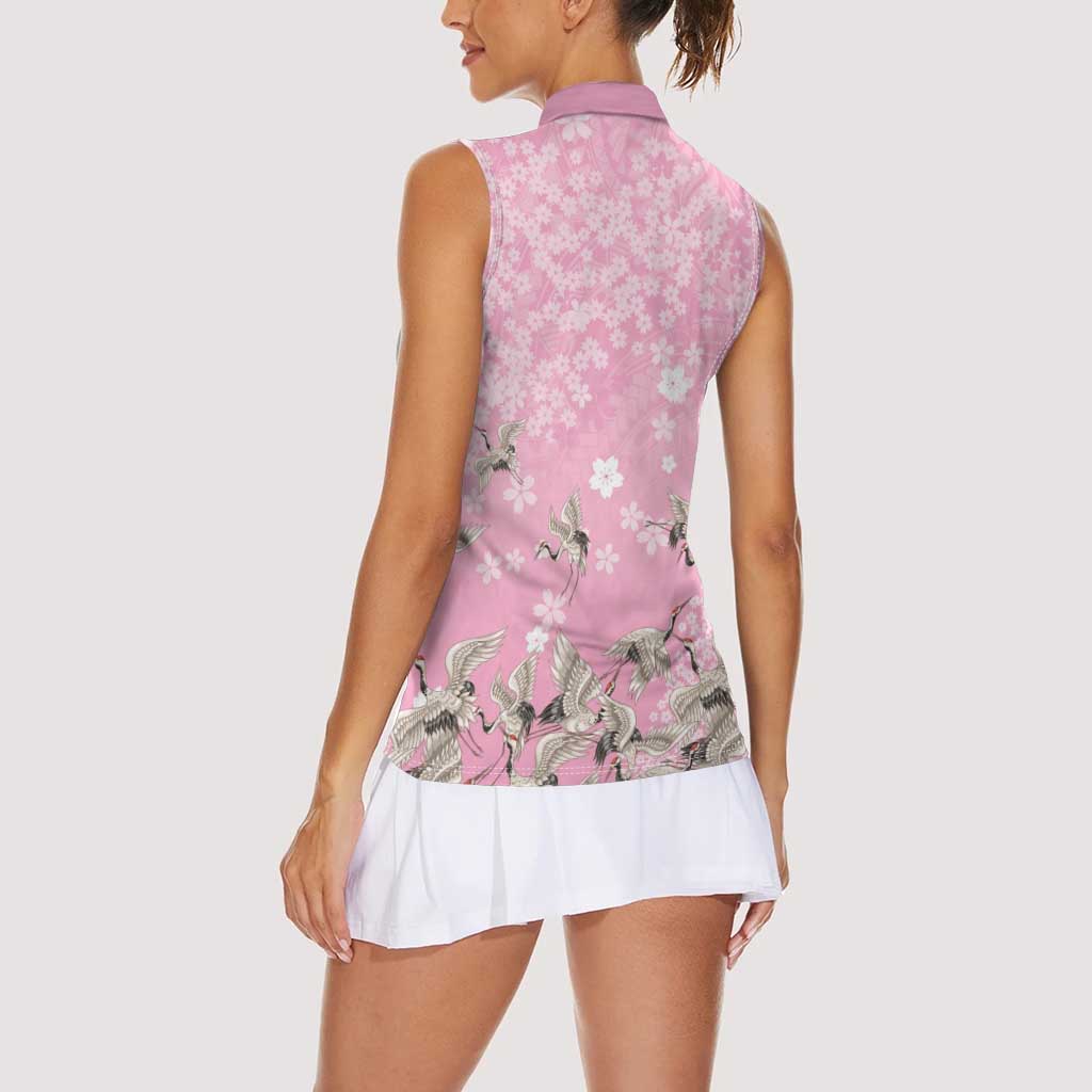 Cranes Sakura Floral Pink Pastel Women Sleeveless Polo Shirt Hawaii Japan Culture - Polynesian Pride