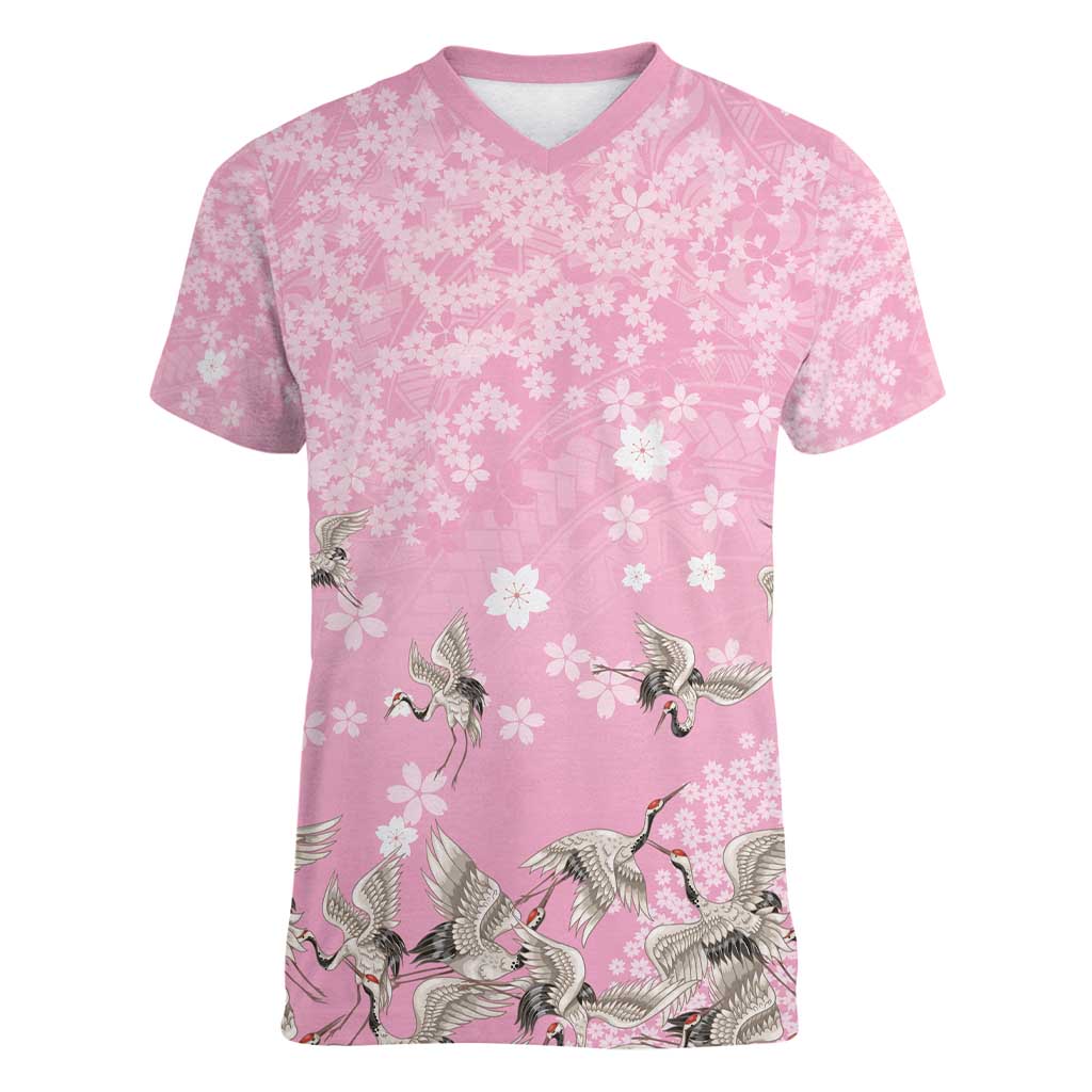 Cranes Sakura Floral Pink Pastel Women V-Neck T-Shirt Hawaii Japan Culture - Polynesian Pride