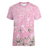 Cranes Sakura Floral Pink Pastel Women V-Neck T-Shirt Hawaii Japan Culture - Polynesian Pride