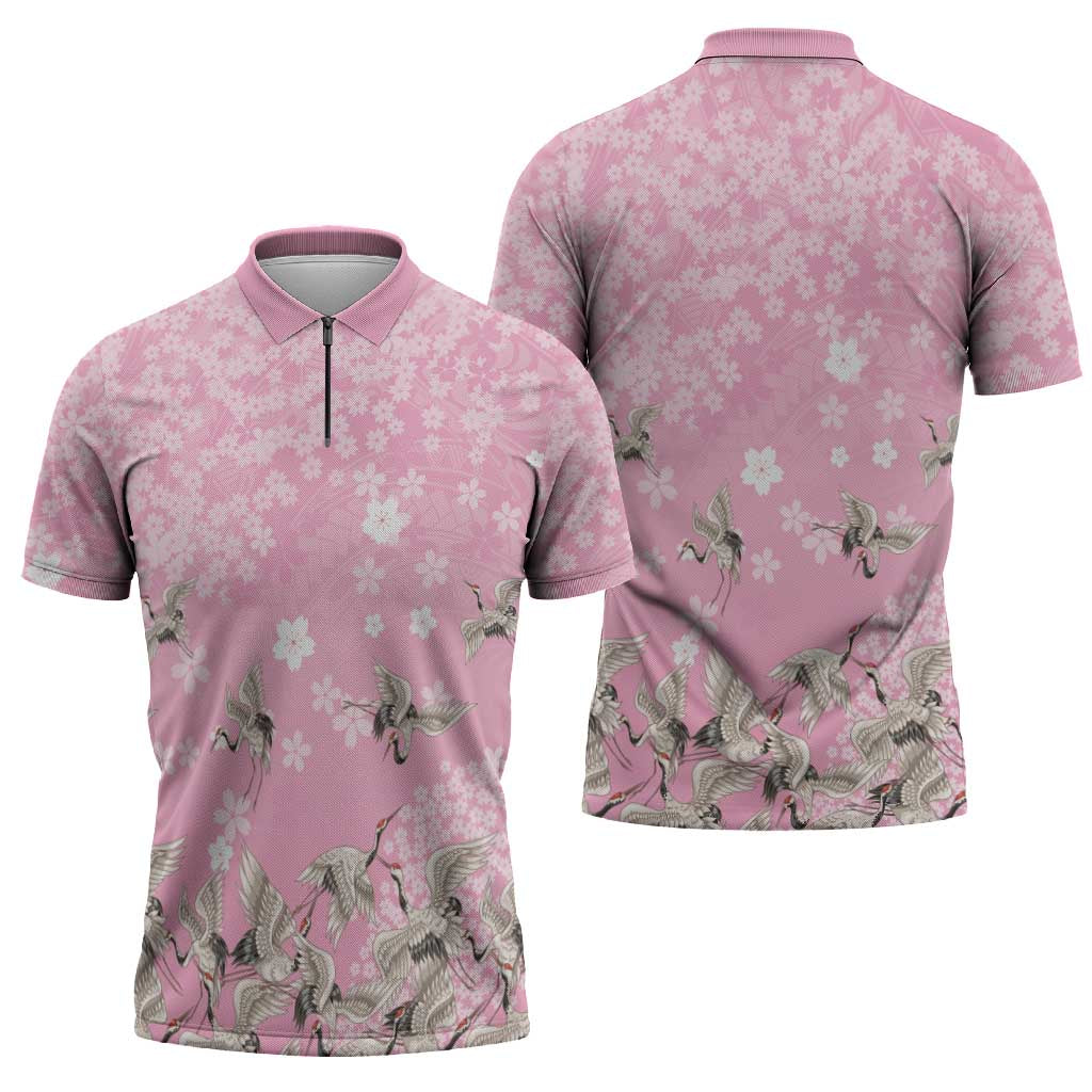 Cranes Sakura Floral Pink Pastel Zipper Polo Shirt Hawaii Japan Culture - Polynesian Pride