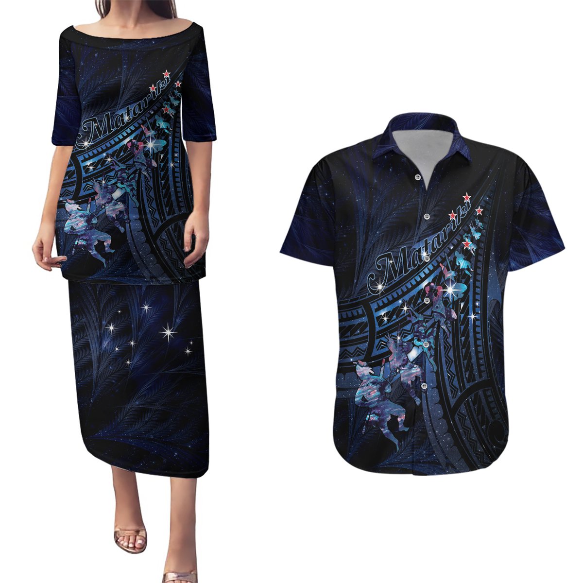 Personalised Matariki Paua Shell New Zealand Couples Matching Puletasi and Hawaiian Shirt Haka Dance At The Starry Night LT01 Black - Polynesian Pride