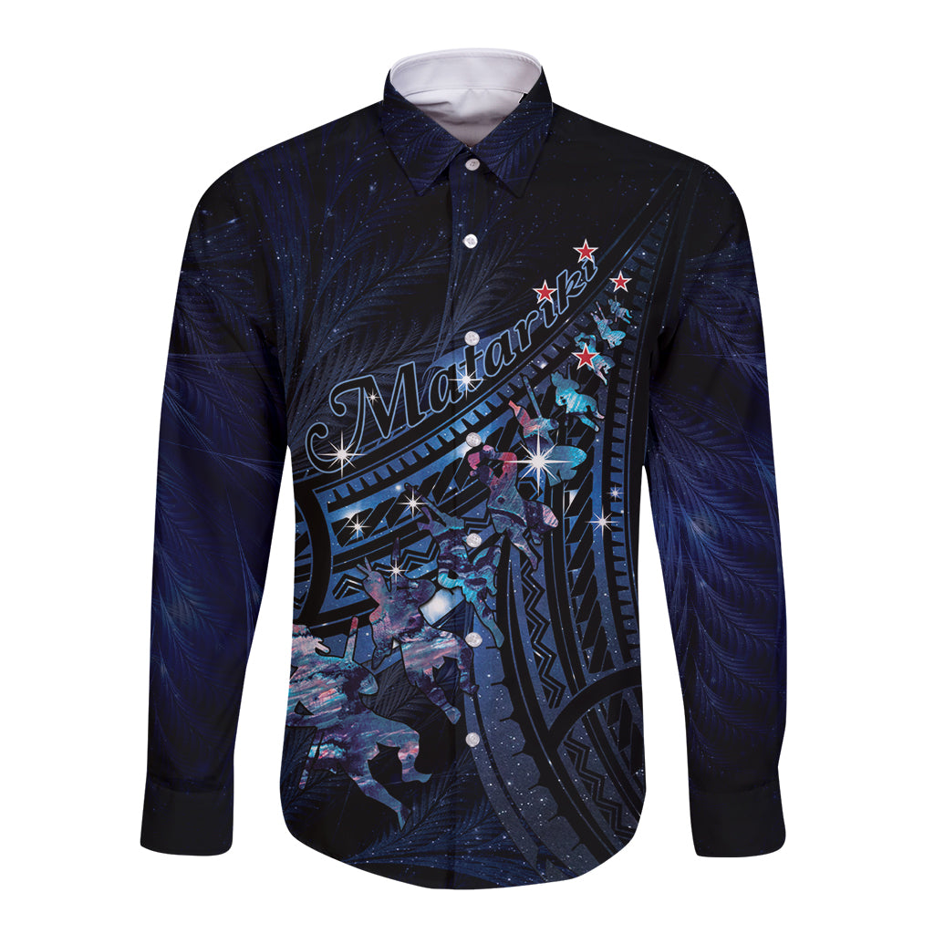Personalised Matariki Paua Shell New Zealand Long Sleeve Button Shirt Haka Dance At The Starry Night LT01 Unisex Black - Polynesian Pride