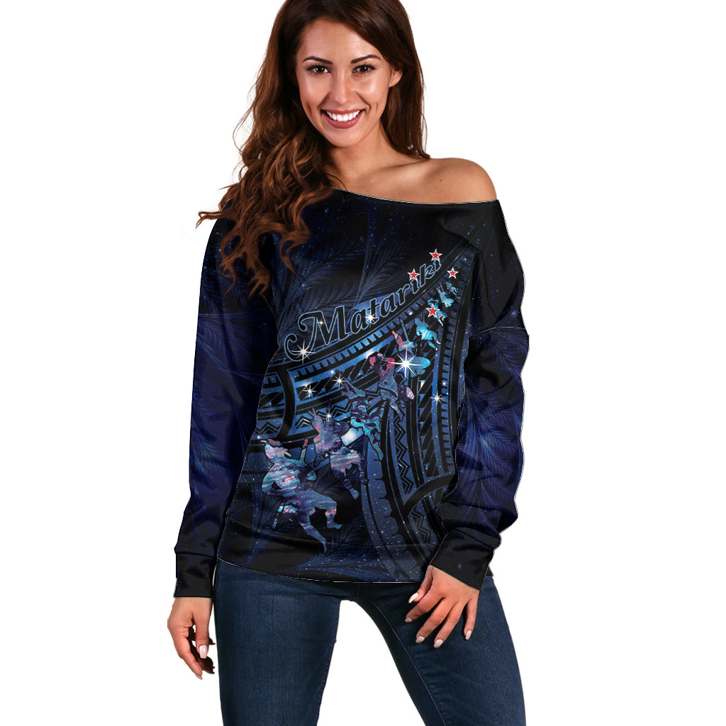 Personalised Matariki Paua Shell New Zealand Off Shoulder Sweater Haka Dance At The Starry Night LT01 Women Black - Polynesian Pride