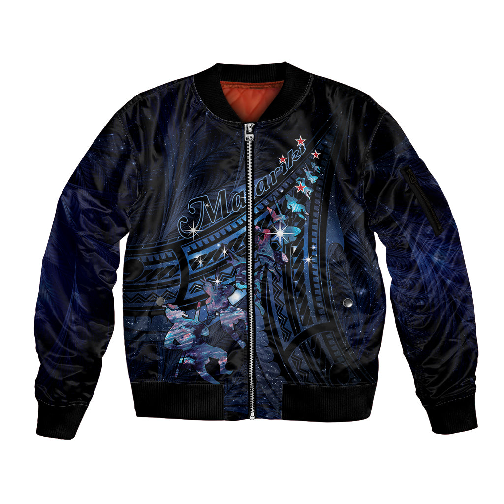 Personalised Matariki Paua Shell New Zealand Sleeve Zip Bomber Jacket Haka Dance At The Starry Night LT01 Unisex Black - Polynesian Pride