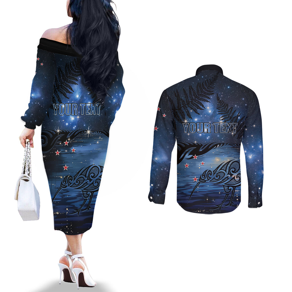 Personalised Matariki Kiwi Couples Matching Off The Shoulder Long Sleeve Dress and Long Sleeve Button Shirt Silver Fern