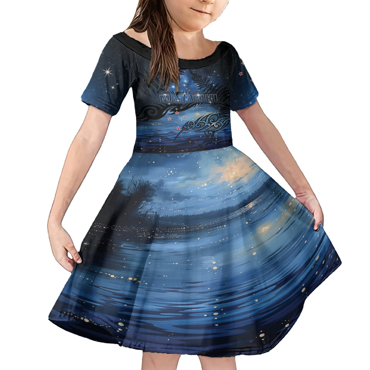Personalised Matariki Kiwi Family Matching Off Shoulder Short Dress and Hawaiian Shirt Silver Fern LT01 Daughter's Dress Black - Polynesian Pride