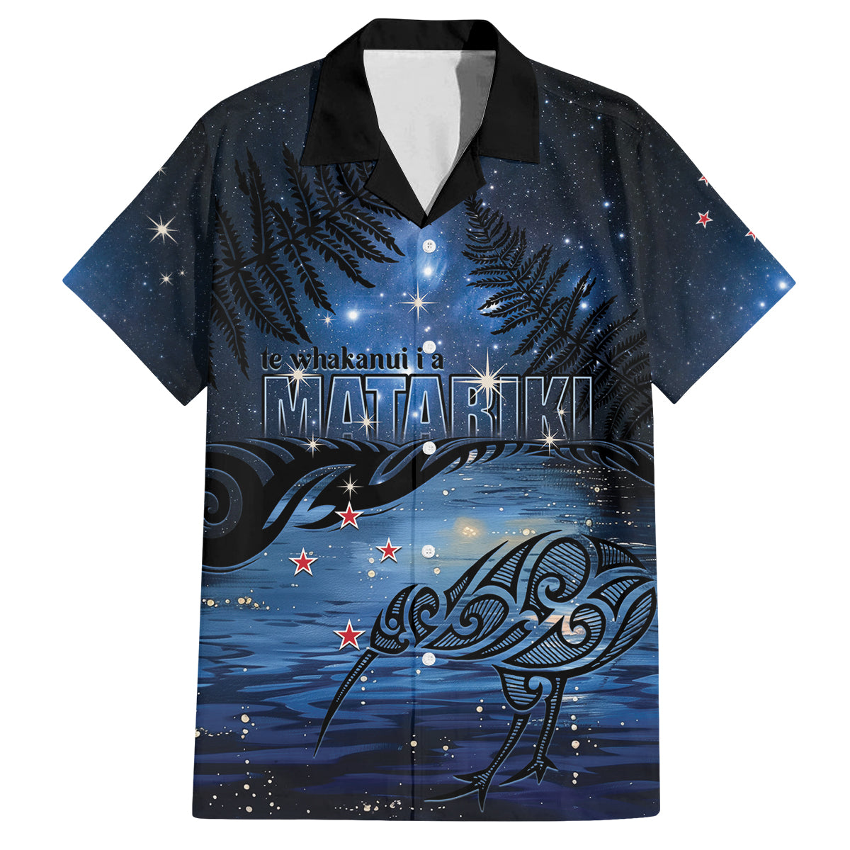 Personalised Matariki Kiwi Family Matching Off Shoulder Short Dress and Hawaiian Shirt Silver Fern LT01 Dad's Shirt - Short Sleeve Black - Polynesian Pride