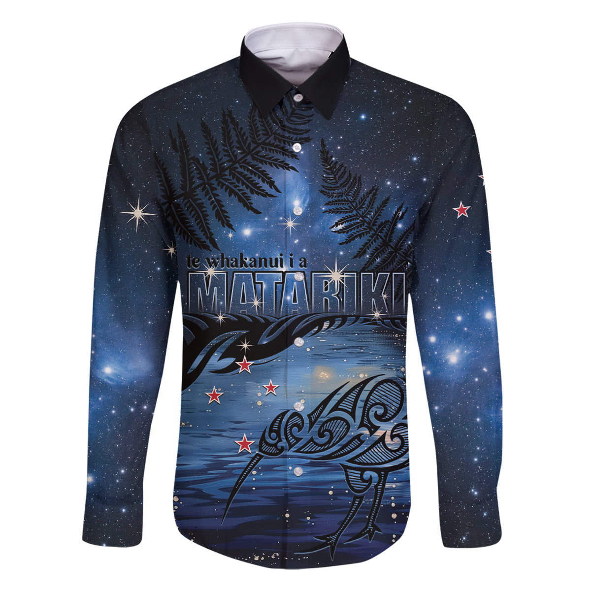 Personalised Matariki Kiwi Family Matching Off Shoulder Short Dress and Hawaiian Shirt Silver Fern LT01 Dad's Shirt - Long Sleeve Black - Polynesian Pride