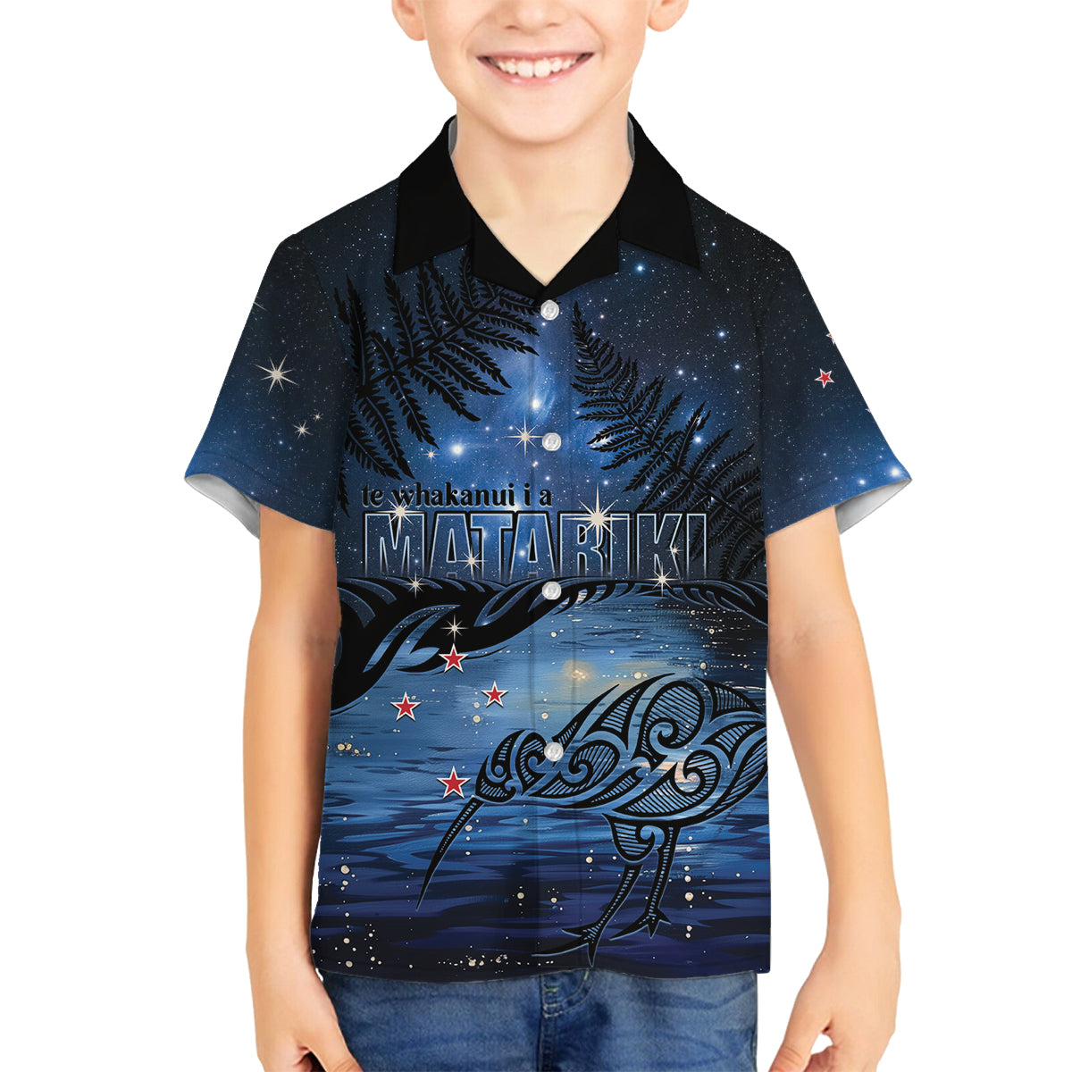 Personalised Matariki Kiwi Family Matching Off Shoulder Short Dress and Hawaiian Shirt Silver Fern LT01 Son's Shirt Black - Polynesian Pride