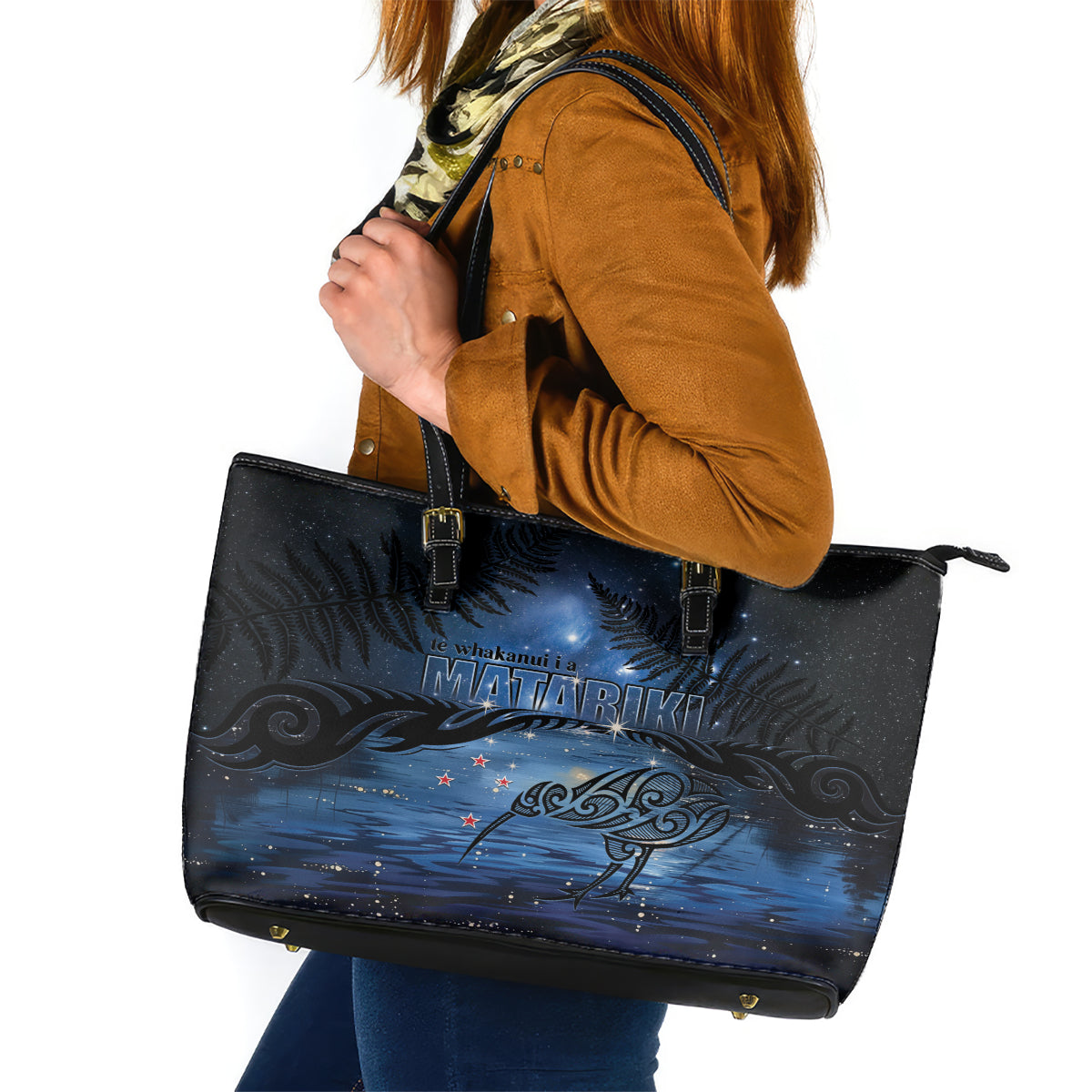 Matariki Kiwi Leather Tote Bag Silver Fern LT01 Black - Polynesian Pride