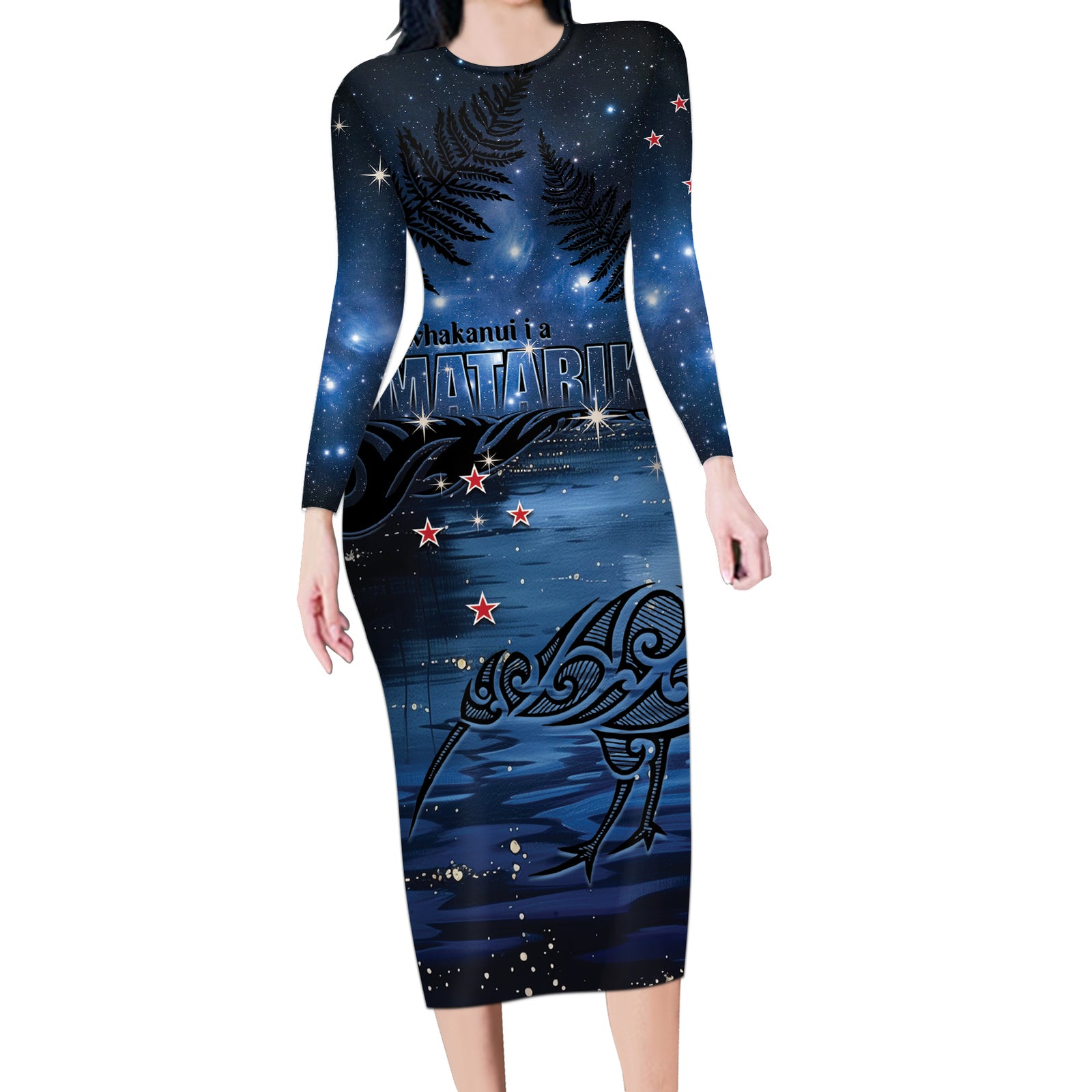 Personalised Matariki Kiwi Long Sleeve Bodycon Dress Silver Fern LT01 Long Dress Black - Polynesian Pride