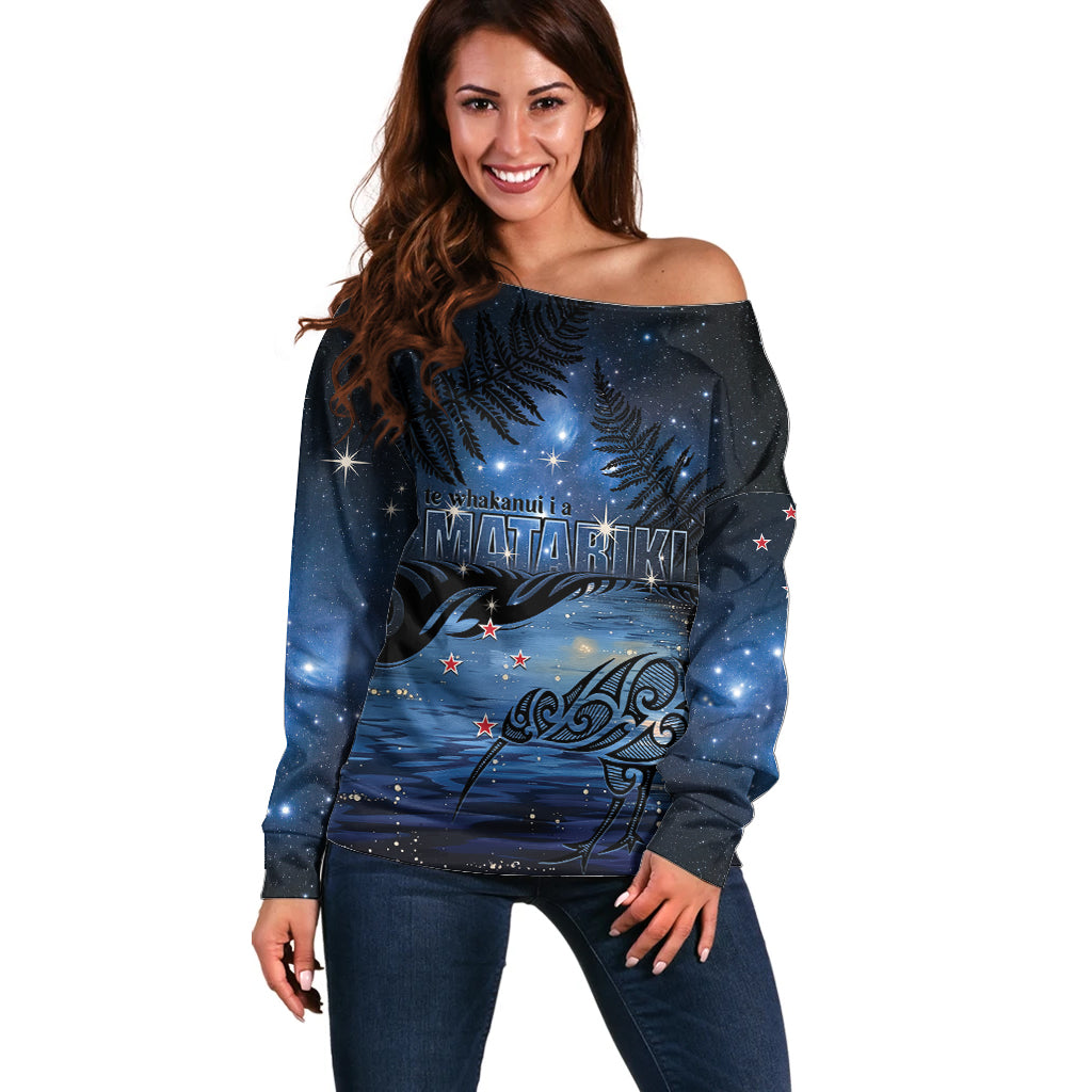 Personalised Matariki Kiwi Off Shoulder Sweater Silver Fern LT01 Women Black - Polynesian Pride
