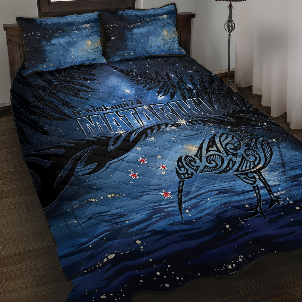 Matariki Kiwi Quilt Bed Set Silver Fern LT01 Black - Polynesian Pride