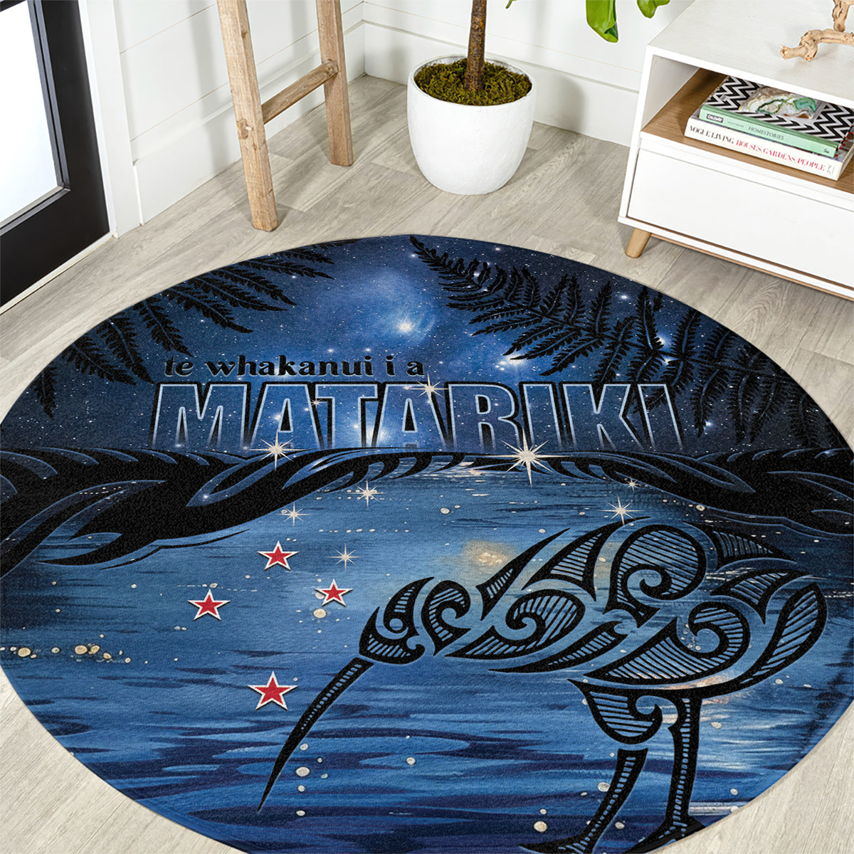 Matariki Kiwi Round Carpet Silver Fern LT01 Black - Polynesian Pride