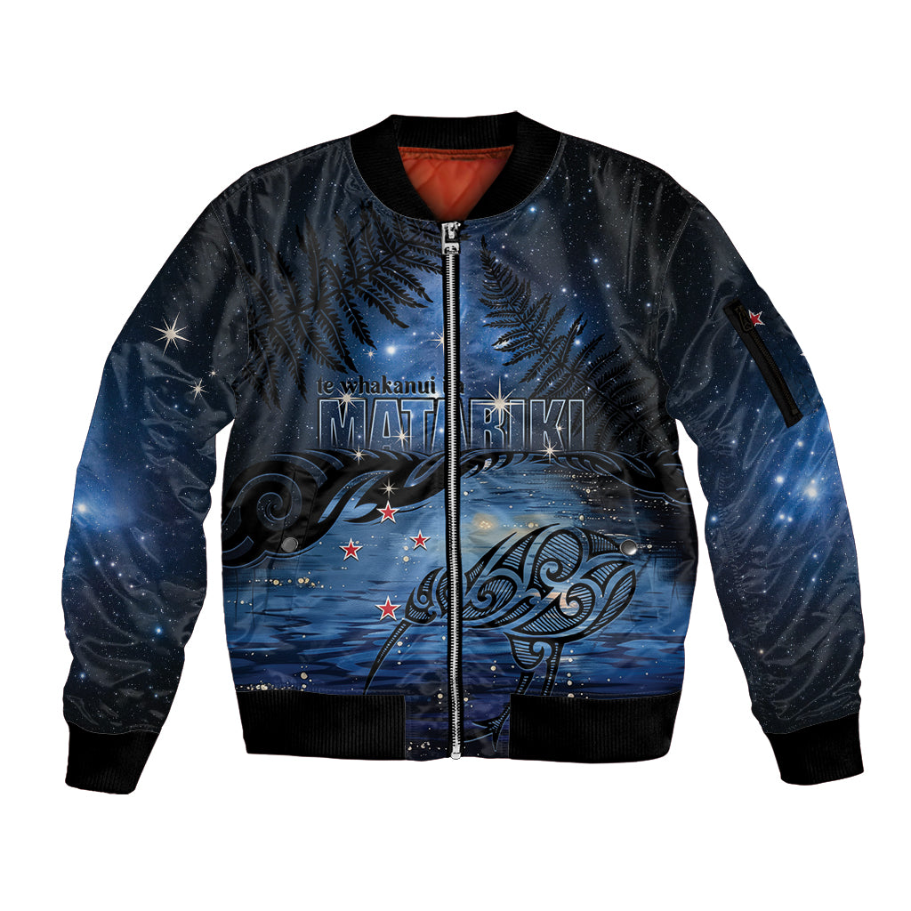 Personalised Matariki Kiwi Sleeve Zip Bomber Jacket Silver Fern LT01 Unisex Black - Polynesian Pride