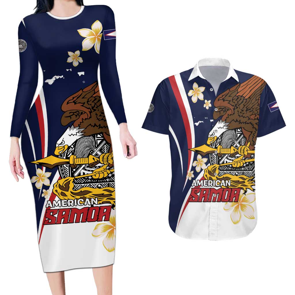 Personalized American Samoa Couples Matching Long Sleeve Bodycon Dress and Hawaiian Shirt Amerika Samoa Bald Eagle LT01 Blue - Polynesian Pride