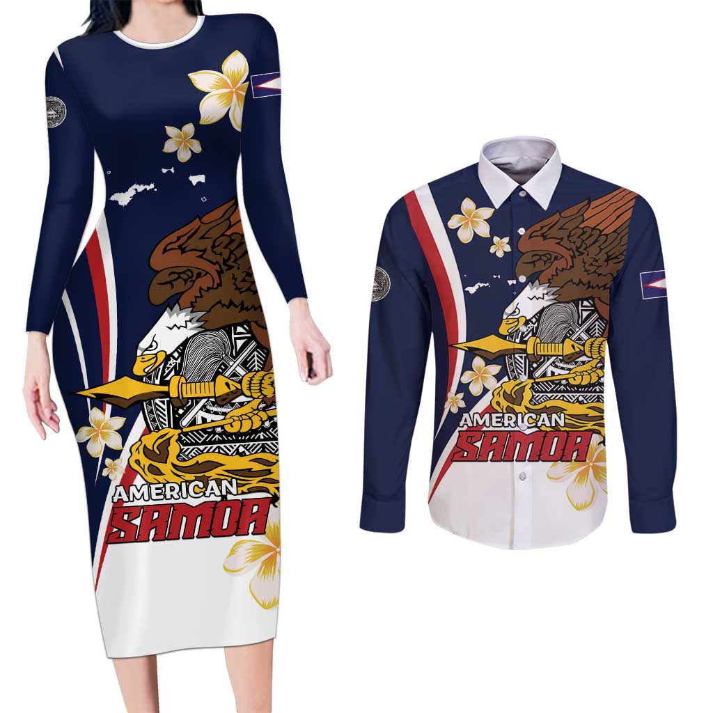 Personalized American Samoa Couples Matching Long Sleeve Bodycon Dress and Long Sleeve Button Shirt Amerika Samoa Bald Eagle LT01 Blue - Polynesian Pride