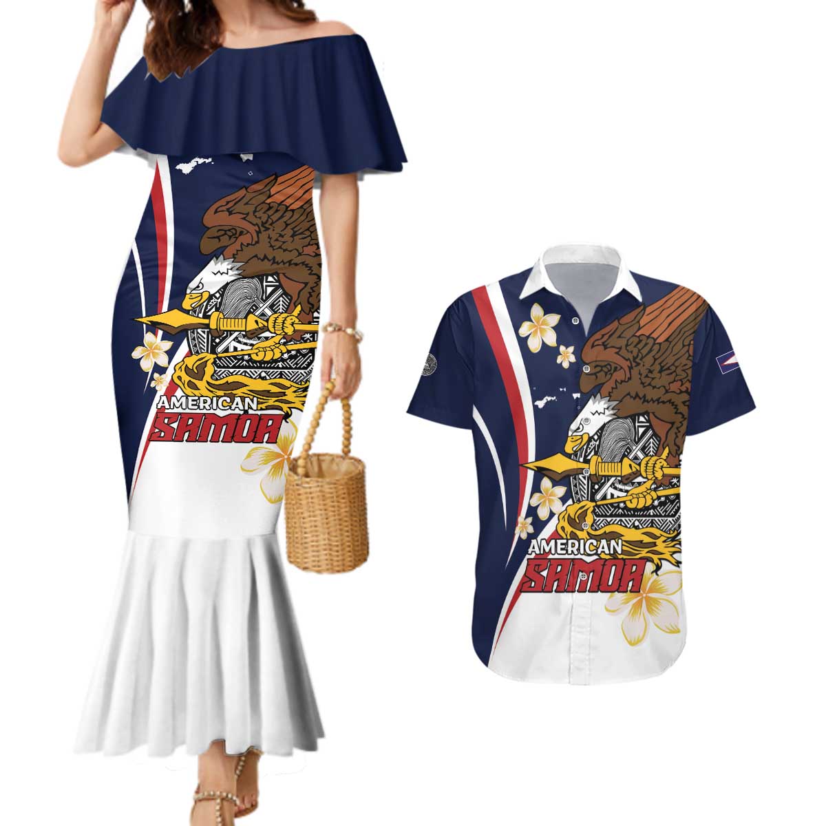 Personalized American Samoa Couples Matching Mermaid Dress and Hawaiian Shirt Amerika Samoa Bald Eagle LT01 Blue - Polynesian Pride