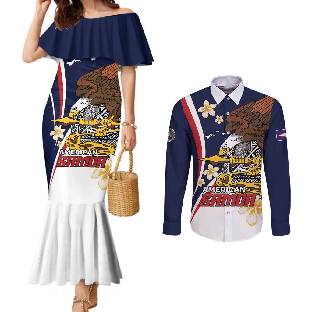 Personalized American Samoa Couples Matching Mermaid Dress and Long Sleeve Button Shirt Amerika Samoa Bald Eagle LT01 Blue - Polynesian Pride