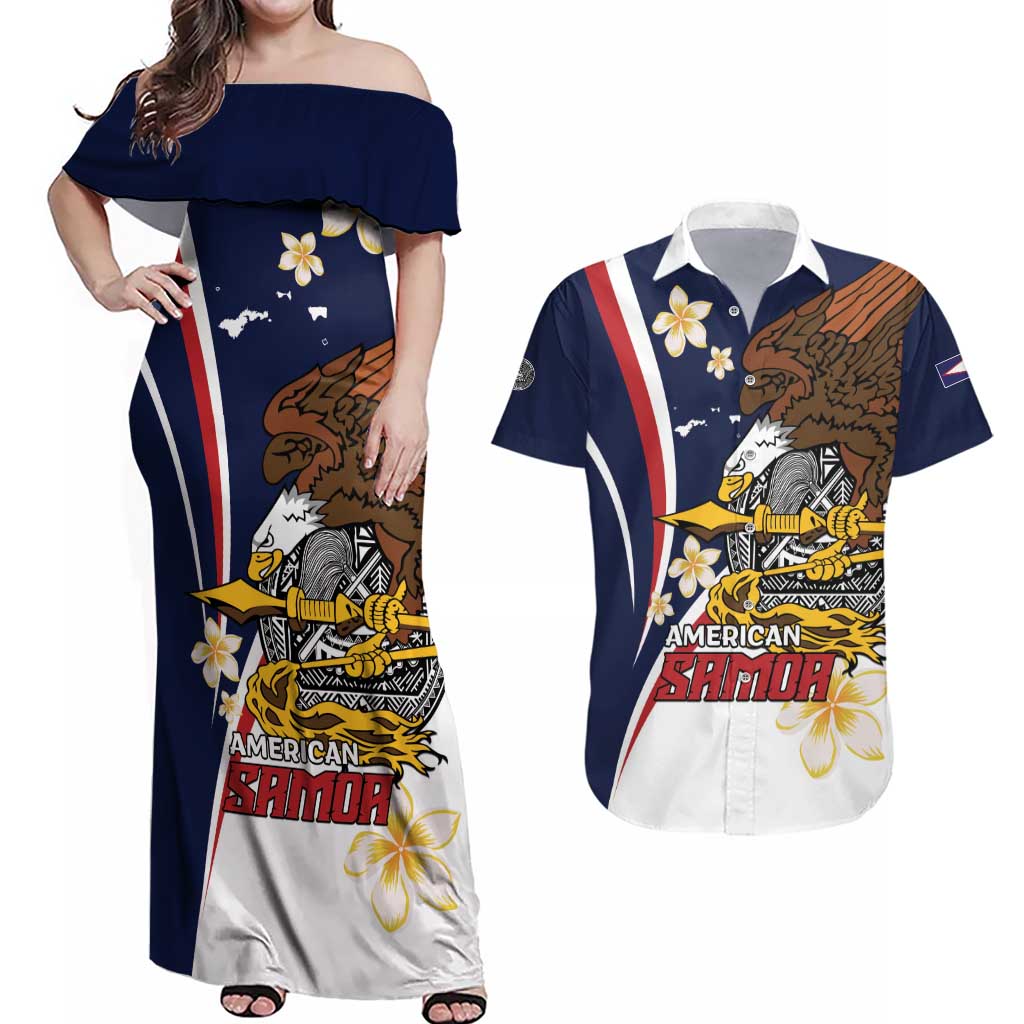 Personalized American Samoa Couples Matching Off Shoulder Maxi Dress and Hawaiian Shirt Amerika Samoa Bald Eagle LT01 Blue - Polynesian Pride