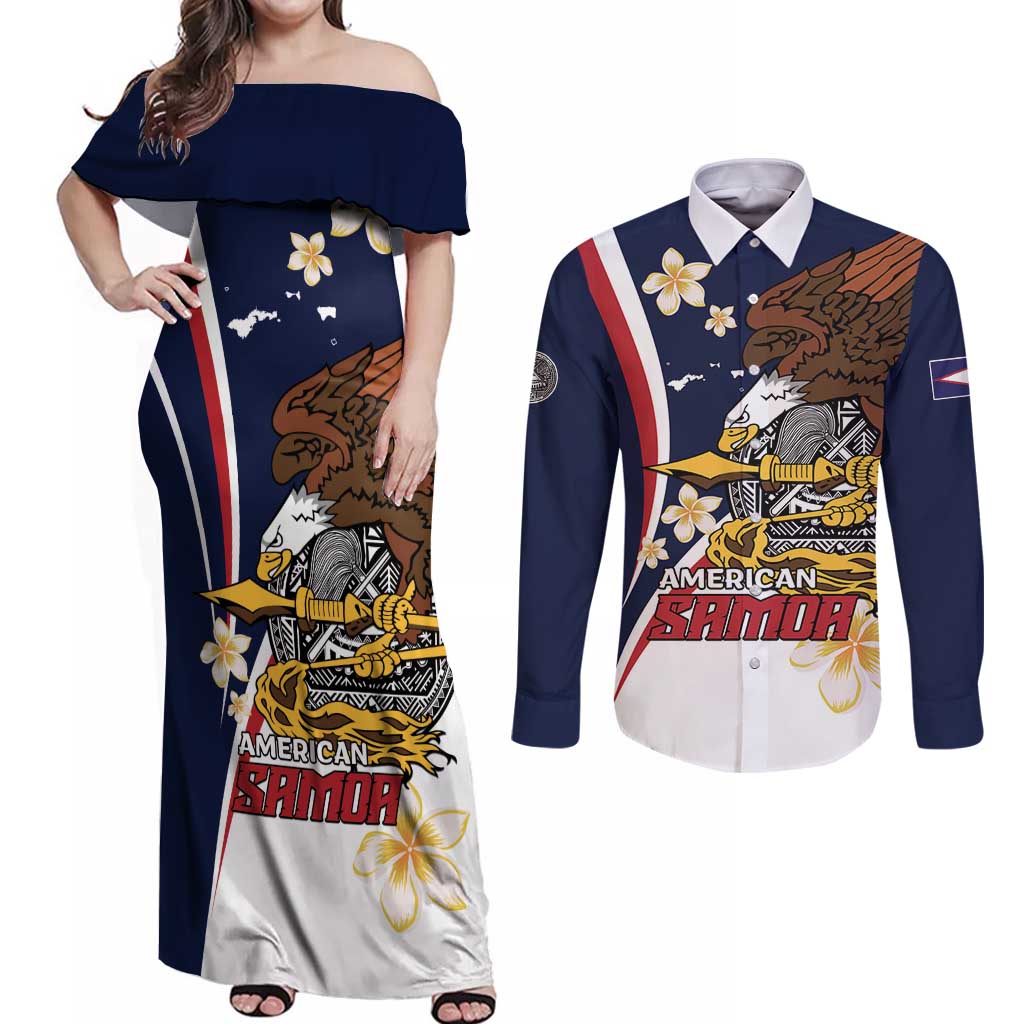 Personalized American Samoa Couples Matching Off Shoulder Maxi Dress and Long Sleeve Button Shirt Amerika Samoa Bald Eagle LT01 Blue - Polynesian Pride