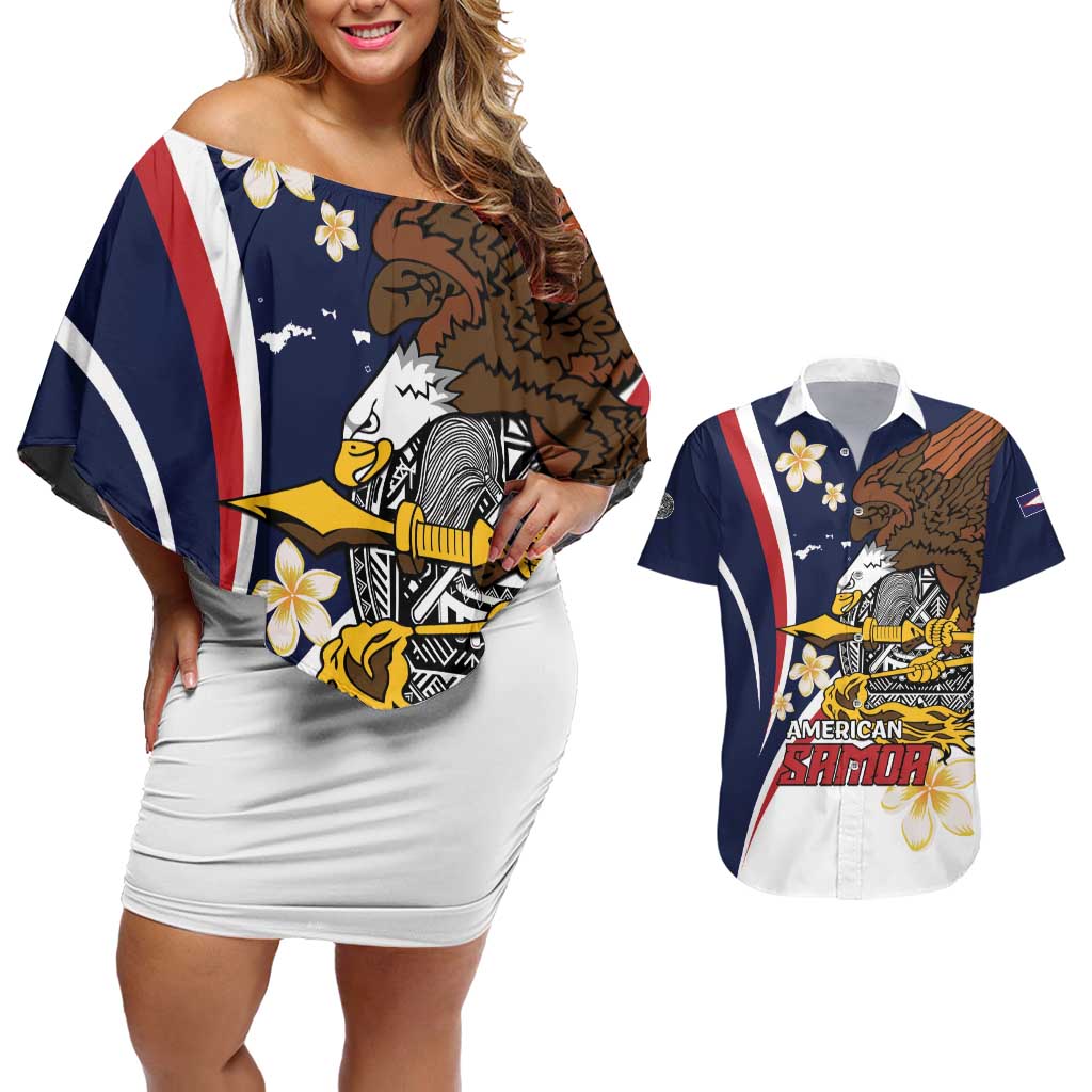 Personalized American Samoa Couples Matching Off Shoulder Short Dress and Hawaiian Shirt Amerika Samoa Bald Eagle LT01 Blue - Polynesian Pride